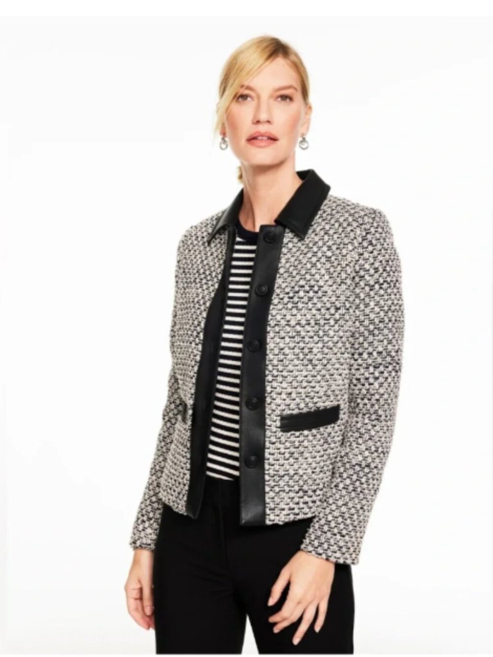 Tweed Jacket Faux Leather Trim Black White Bouclé Chic Classic